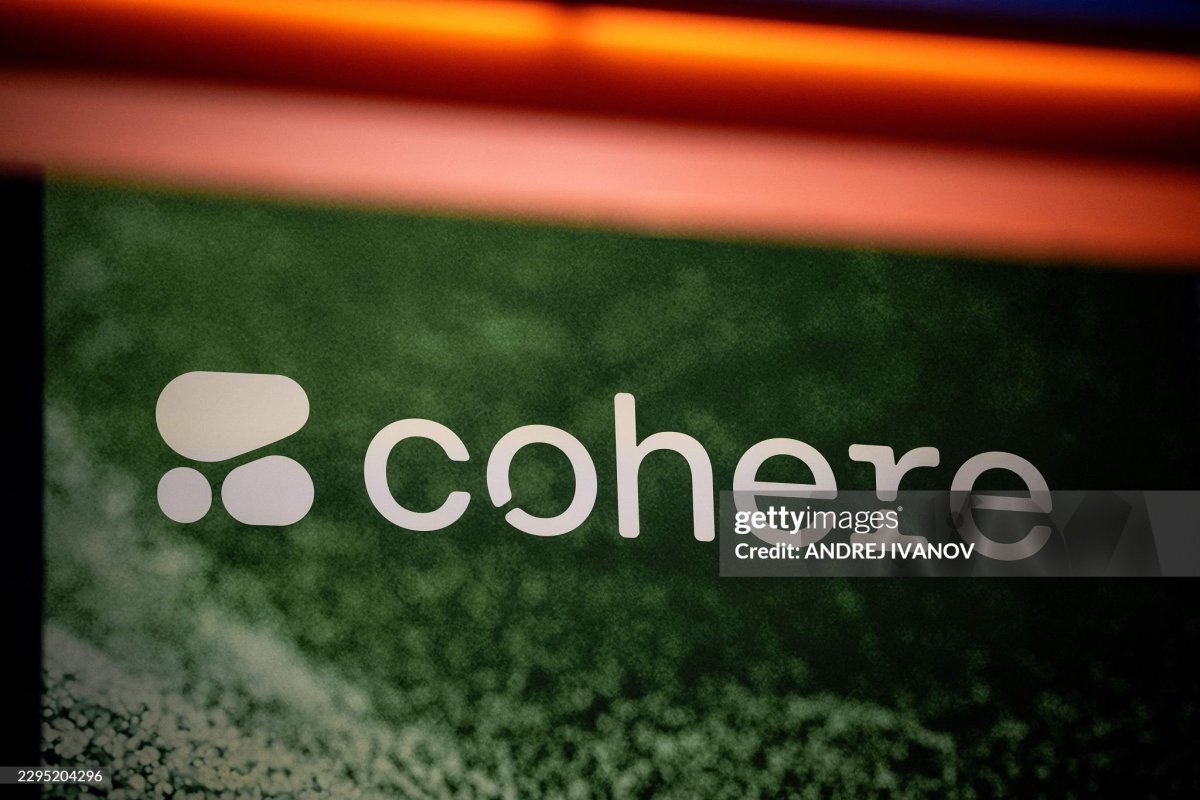 Cohere logo on a green textured background with orange and blue borders, Getty Images credit on the right.