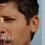 Close-up of a person's face with mathematical equations and diagrams overlaid, including trigonometric and algebraic formu...