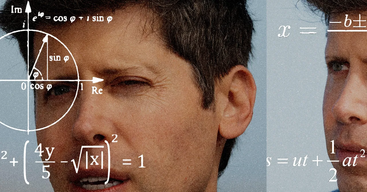 Close-up of a person's face with mathematical equations and diagrams overlaid, including trigonometric and algebraic formu...