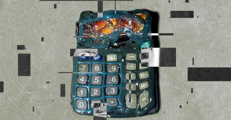 Distorted calculator with glitch effects and overlaying digital patterns