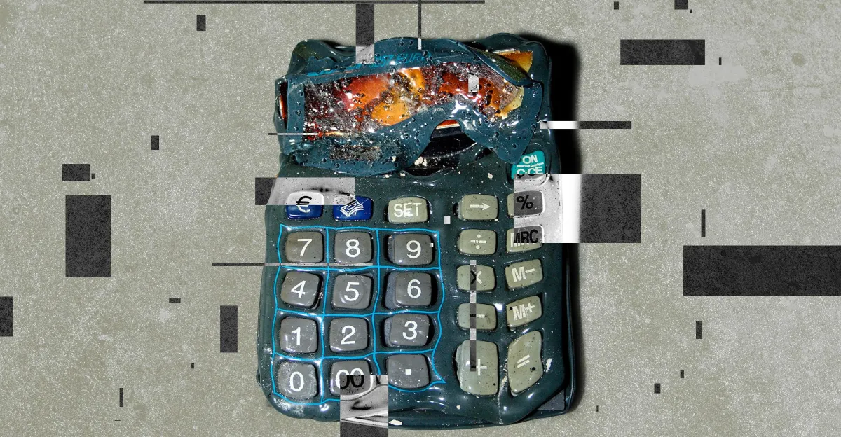 Distorted calculator with glitch effects and overlaying digital patterns