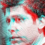 Digitized portrait of a person with a halftone effect in red and blue tones, showing a serious expression.