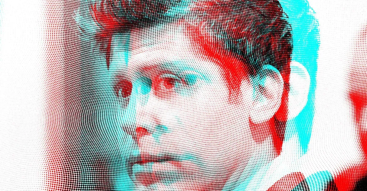 Digitized portrait of a person with a halftone effect in red and blue tones, showing a serious expression.