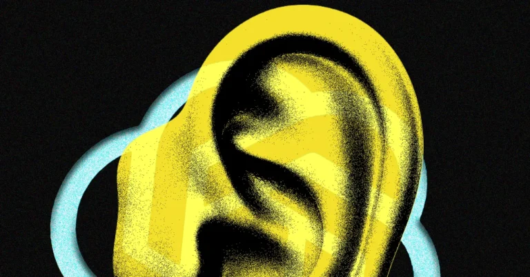 Stylized yellow ear with a blue cloud outline on a black background