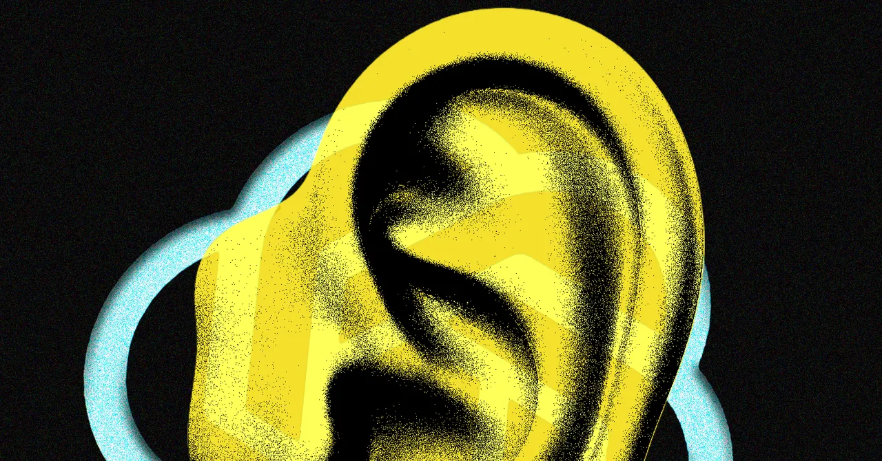 Stylized yellow ear with a blue cloud outline on a black background