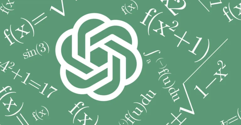 OpenAI logo on a green background surrounded by mathematical equations and symbols.