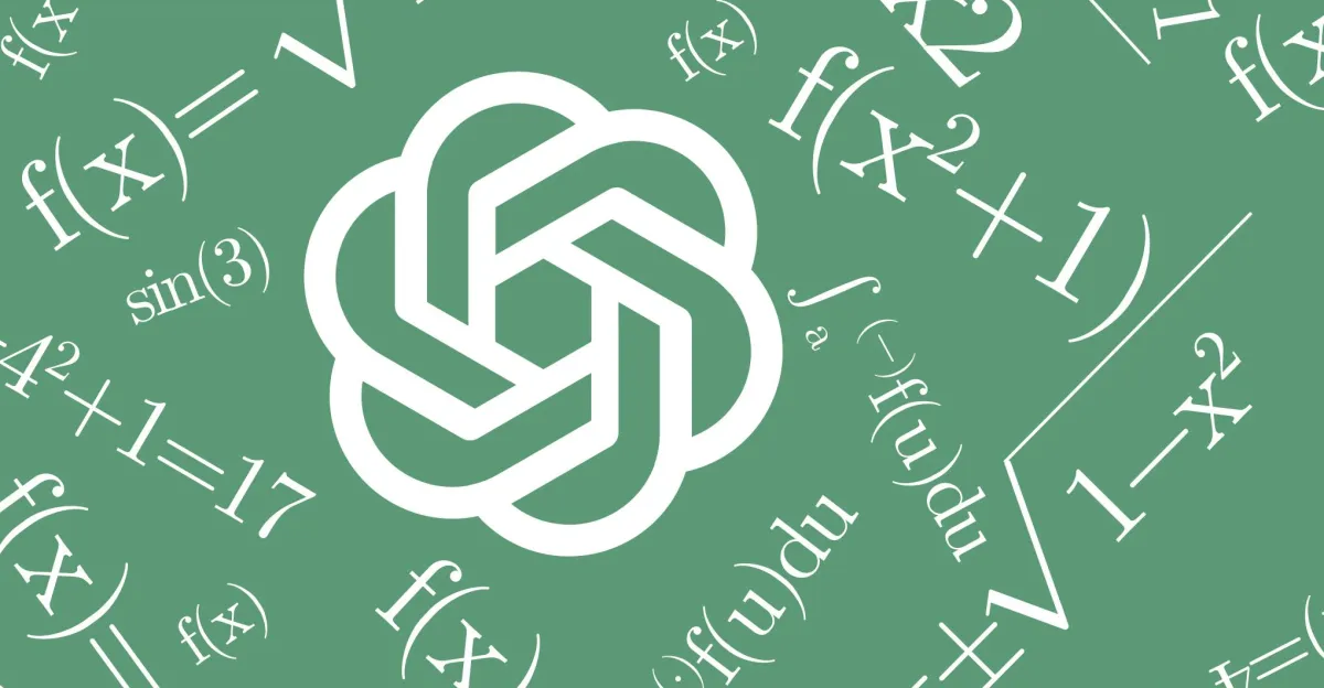 OpenAI logo on a green background surrounded by mathematical equations and symbols.