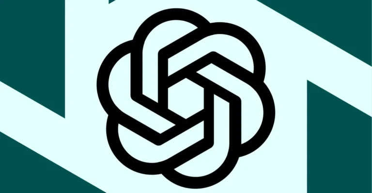OpenAI logo with an interlocking design in black on a light blue and dark green geometric background.
