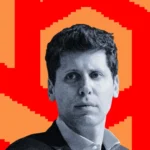 Man in grayscale against a bold red and orange geometric background, wearing a suit and looking directly ahead.