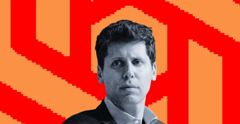 Man in grayscale against a bold red and orange geometric background, wearing a suit and looking directly ahead.