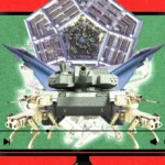 Pentagon, jet, tank, and robotic dogs on a screen with video controls, red background.
