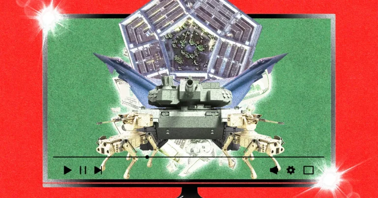 Pentagon, jet, tank, and robotic dogs on a screen with video controls, red background.