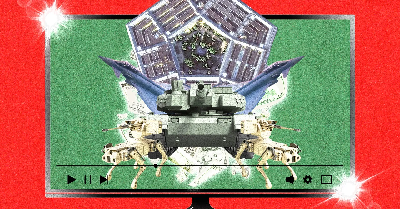 Pentagon, jet, tank, and robotic dogs on a screen with video controls, red background.