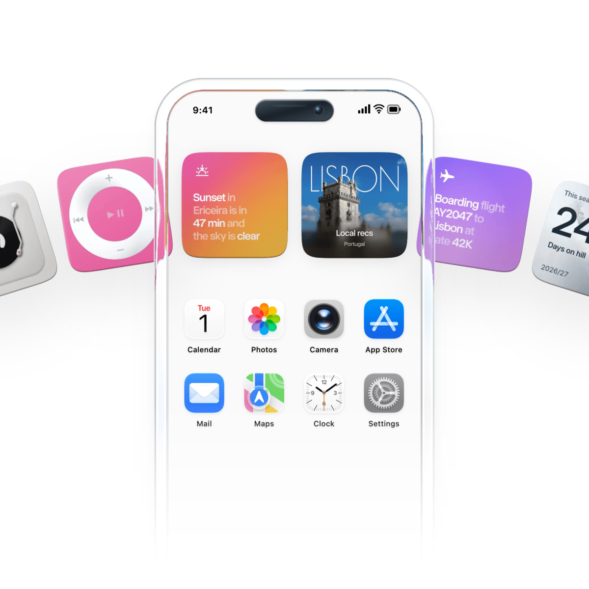 Smartphone screen showing apps and widgets, including calendar, photos, and a sunset forecast, with additional app icons f...
