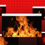 Multiple browser windows showing flames and red padlock icons on a red grid background