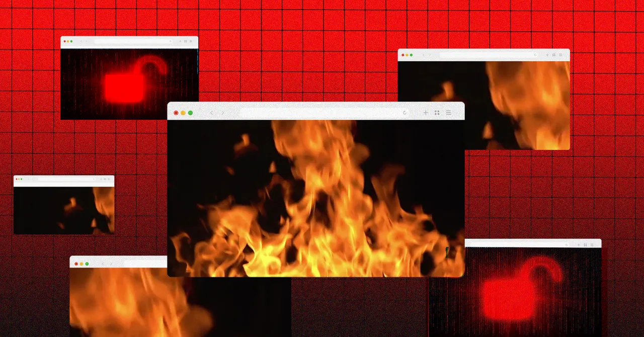 Multiple browser windows showing flames and red padlock icons on a red grid background