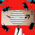 Magnifying glass over binary code with "exploit" on a cardboard box, surrounded by digital bugs on a red background.