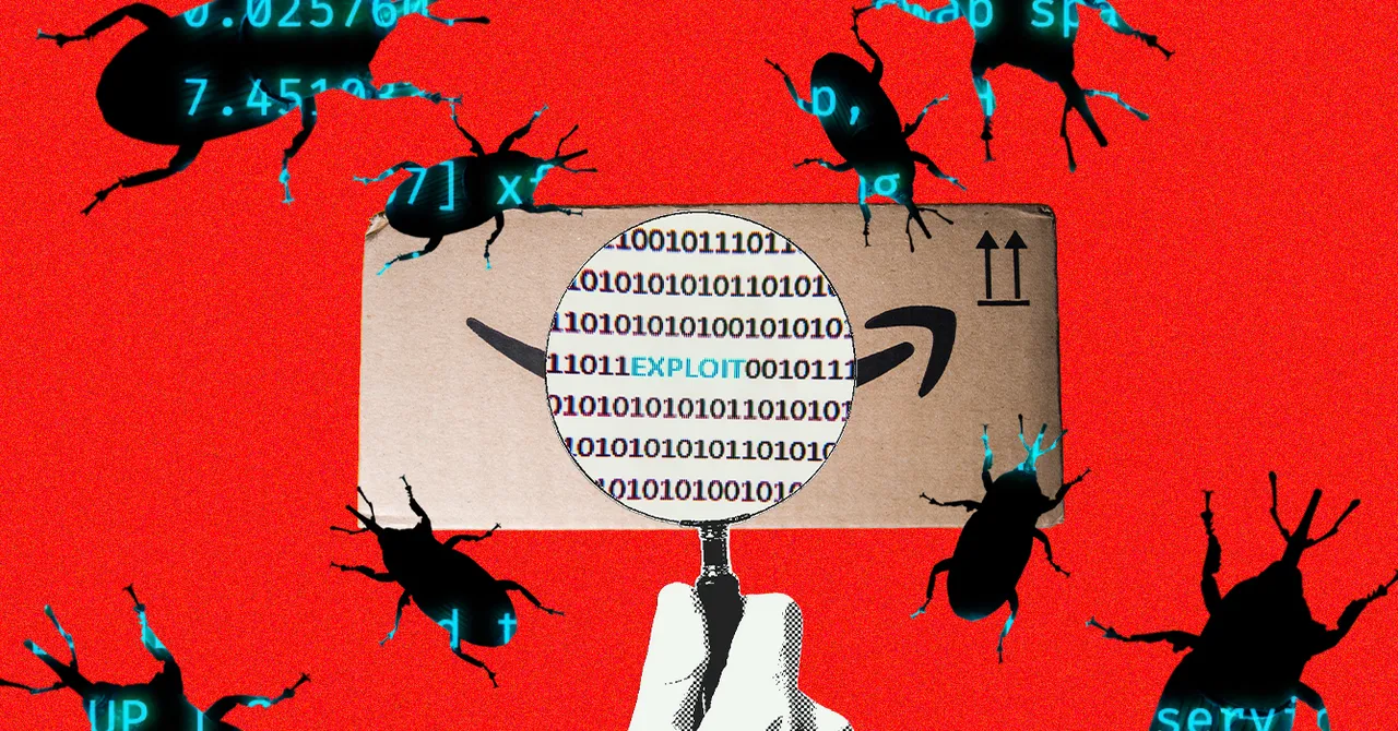 Magnifying glass over binary code with "exploit" on a cardboard box, surrounded by digital bugs on a red background.