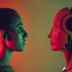 A woman and a humanoid robot face each other against a gradient background, illuminated by red and green lighting.