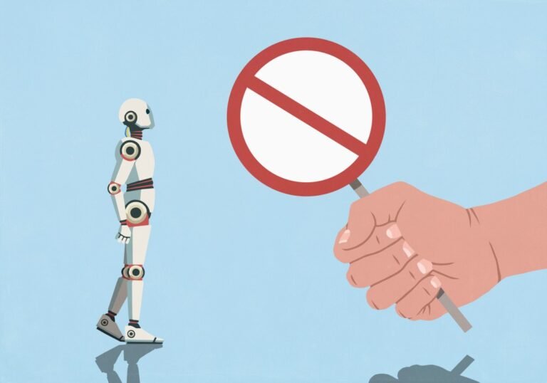 Robot standing on blue background, large hand holding a red prohibition sign in foreground.