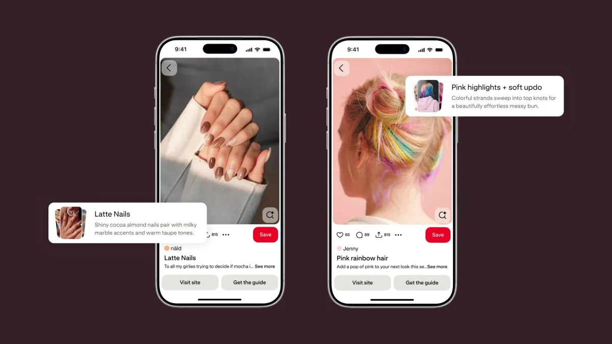 Two smartphones displaying Pinterest guides: one shows "Latte Nails" and the other "Pink rainbow hair" with AI styling tips.