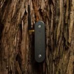 Black sensor device with antenna attached to the rough bark of a tree.