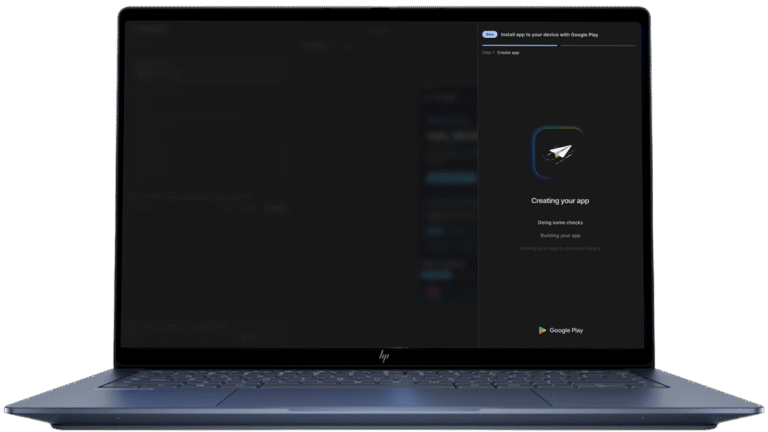 Laptop screen displaying Google Play app creation interface with progress bar and text about building an app.