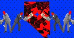 Four faceless figures in suits holding buckets of cash over a red Nevada map on a blue starry background.