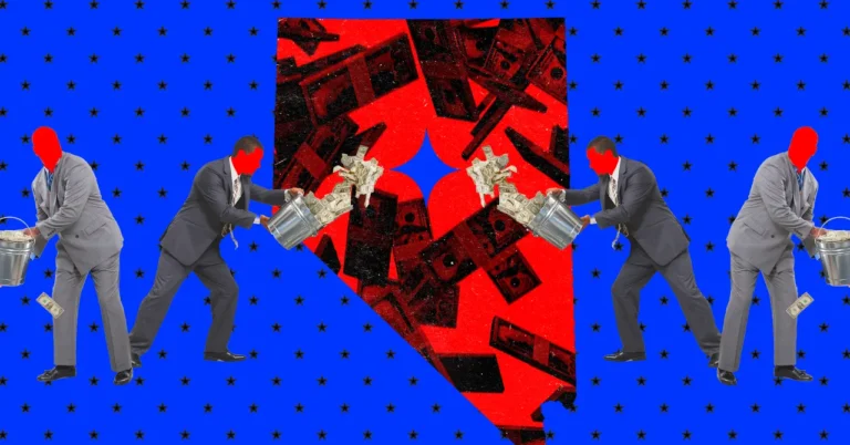 Four faceless figures in suits holding buckets of cash over a red Nevada map on a blue starry background.