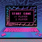 Colorful retro-style laptop screen displaying "Start Game" with options for 1 or 2 players, pixelated background.