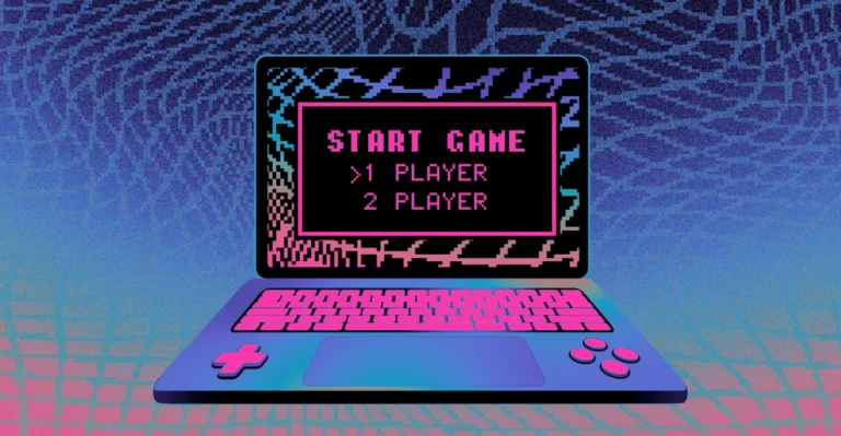 Colorful retro-style laptop screen displaying "Start Game" with options for 1 or 2 players, pixelated background.