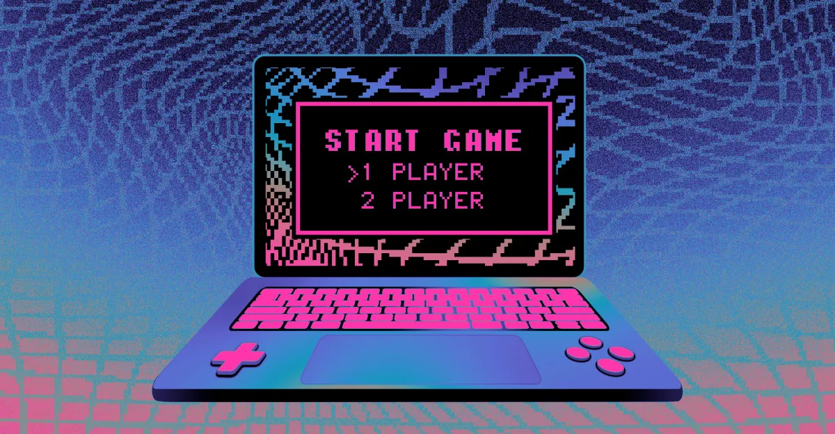 Colorful retro-style laptop screen displaying "Start Game" with options for 1 or 2 players, pixelated background.