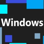 The word "Windows" centered on a black background with various blue and cyan rectangles scattered around