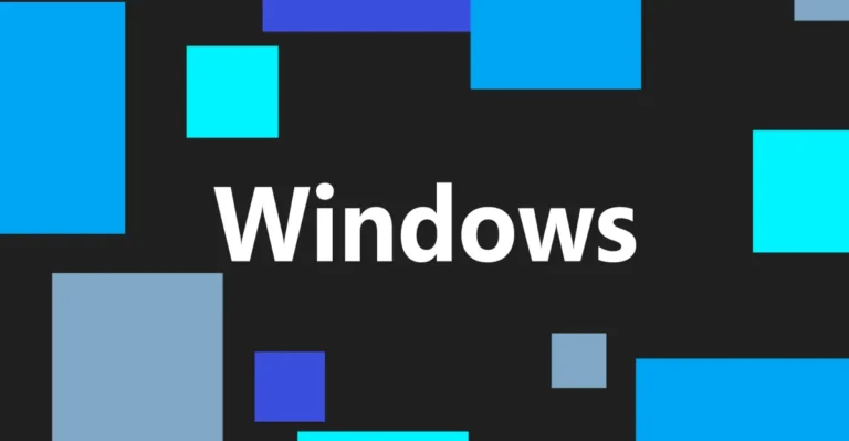 The word "Windows" centered on a black background with various blue and cyan rectangles scattered around