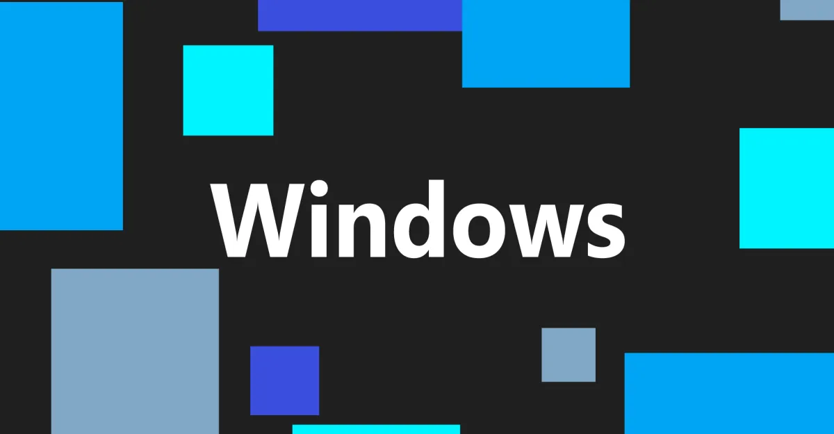 The word "Windows" centered on a black background with various blue and cyan rectangles scattered around