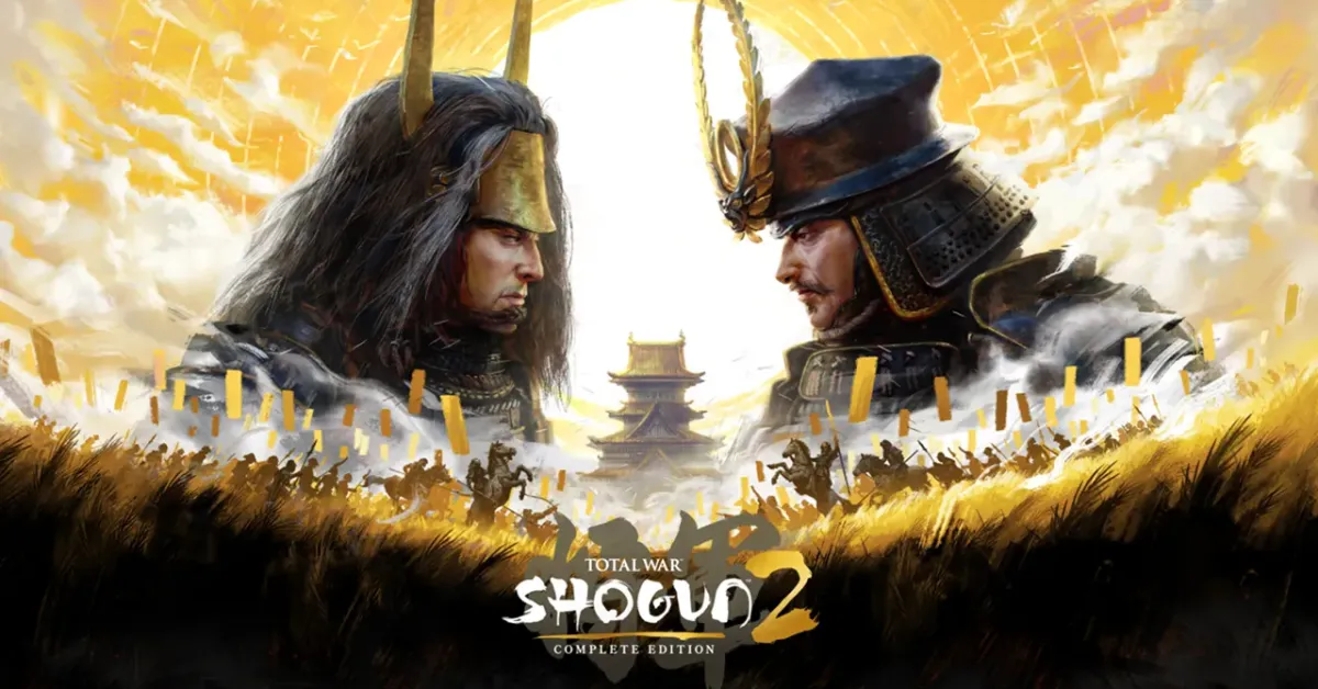 Two samurai facing off with dramatic skies, pagoda in background, Total War Shogun 2 Complete Edition text at bottom center.