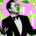 Man in a tuxedo with outstretched arms, surrounded by floating dollar bills and stock market candlestick charts on a pink...