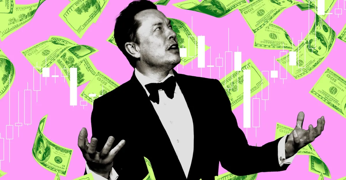 Man in a tuxedo with outstretched arms, surrounded by floating dollar bills and stock market candlestick charts on a pink...
