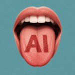 Open mouth with the word "AI" printed on the tongue against a teal background.