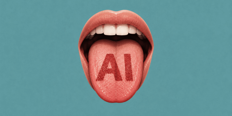 Open mouth with the word "AI" printed on the tongue against a teal background.