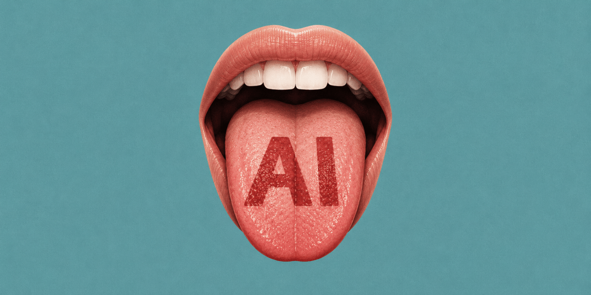 Open mouth with the word "AI" printed on the tongue against a teal background.