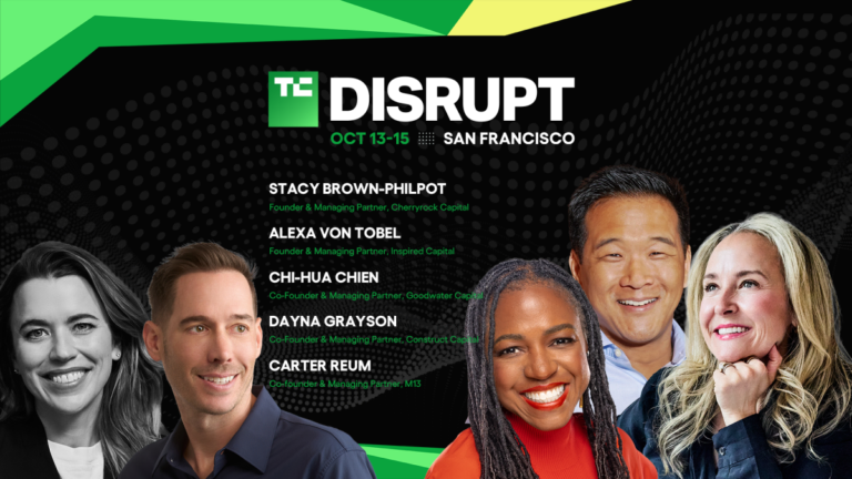 TechCrunch Disrupt 2026 event banner with five people and details of judges for Startup Battlefield, dated Oct 13-15, San...