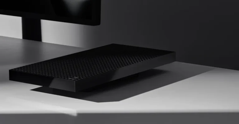 Sleek black rectangular device with textured surface on a gray desk, partially obscured monitor in the background.
