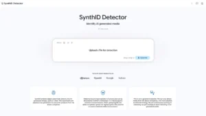 SynthID Detector webpage with file upload feature for AI media detection, supported by Nvidia, OpenAI, Google, and Kakao.