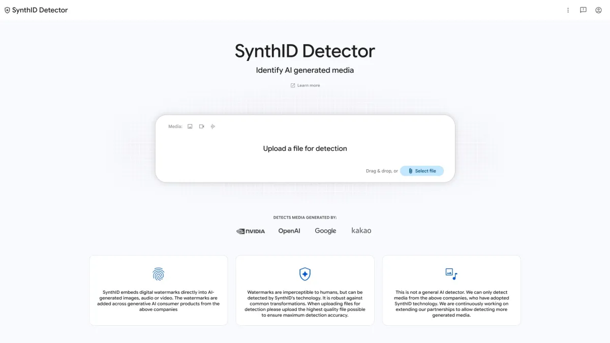 SynthID Detector webpage with file upload feature for AI media detection, supported by Nvidia, OpenAI, Google, and Kakao.
