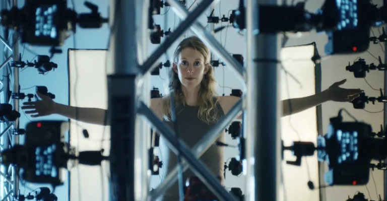 Woman with outstretched arms stands inside a structure surrounded by cameras and lights, looking directly ahead.