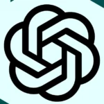 Black geometric knot logo on a light blue and dark teal abstract background.