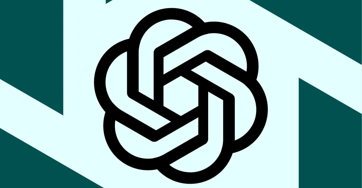 Black geometric knot logo on a light blue and dark teal abstract background.