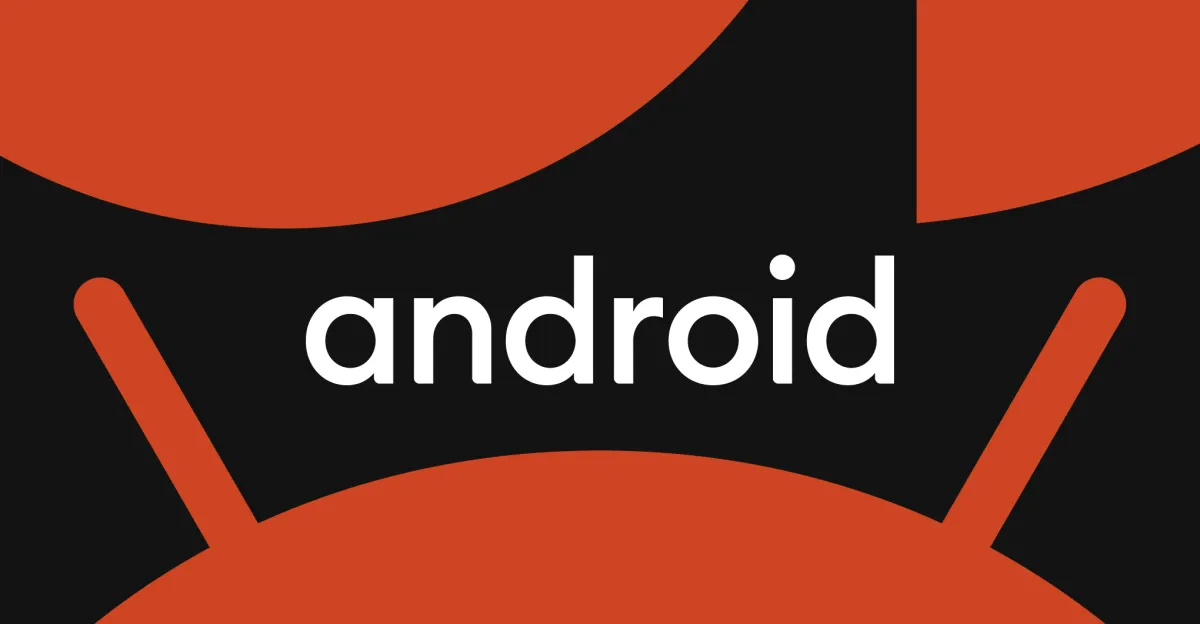 The word "android" in white text on a black and red abstract geometric background.