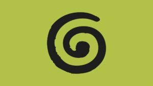 Black spiral logo on a lime green background.
